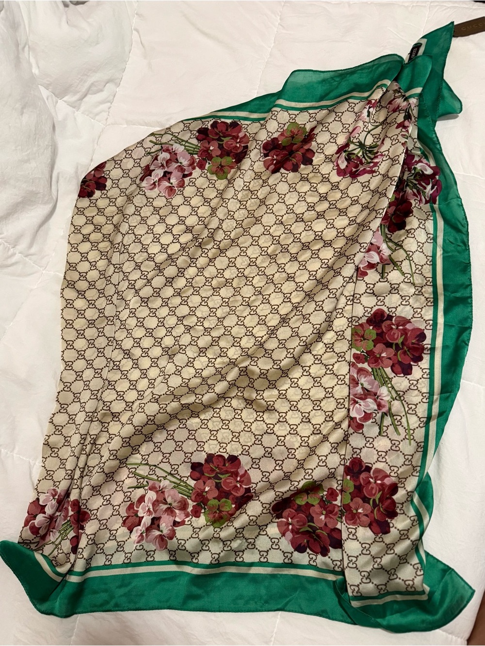 Gucci Floral Monogram Silk Scarf in Green Trim - Picture 5 of 7